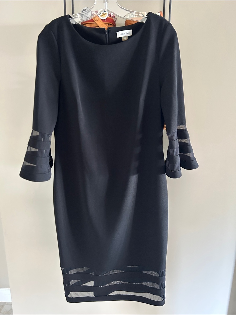 Calvin Klein Black Long-Sleeve Midi Dress with Sheer Stripe Accents